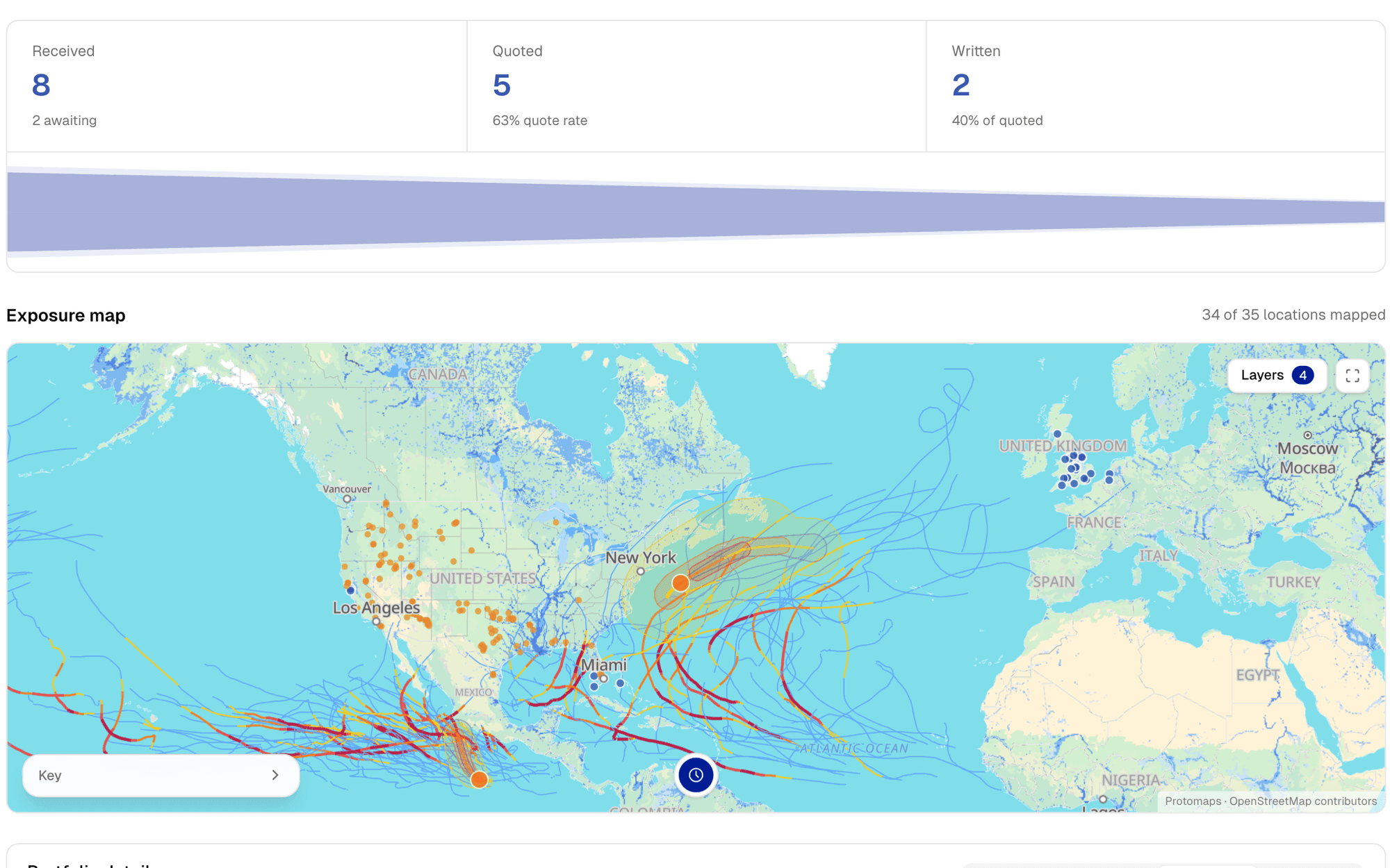 Written risks on a map with hurricane tracks and wildfire layers over them